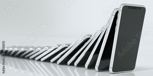 Many falling mobile phones, crisis related conceptual 3d rendering photo