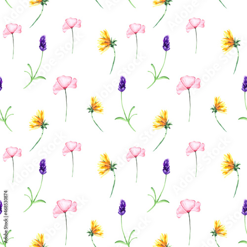 Watercolor background with wildflowers: sunflowers and lavender. Seamless pattern for textiles, wallpaper, bedding and packaging. © Svetlana