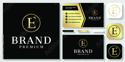 Wallpaper Mural Initial Letter E Arrow Classic Serif Gold Luxury Up Success Logo Design with Business Card Template Torontodigital.ca