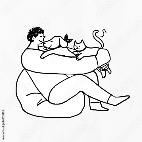 Man spending time with his pets during quarantine vector