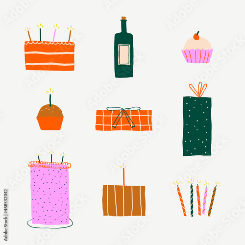 Birthday celebration cute stickers vector doodle set