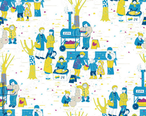 Seamless pattern illustration of Winter street scene in South Korea with passersby and vendors selling roasted sweet potatoes and roasted chestnuts. Design for Poster, card, picture frame, fabric