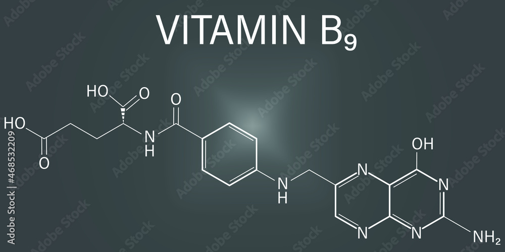 Vitamin B9 (folic acid) molecule. Skeletal formula.
Vitamin B9 (folic acid) molecule. Skeletal formula.