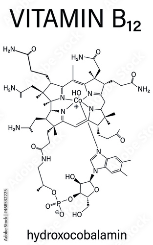 Hydroxocobalamin vitamin B12 molecule. Often given therapeutically in case of B12 deficiency. Skeletal formula.