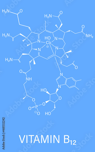 Hydroxocobalamin vitamin B12 molecule. Often given therapeutically in case of B12 deficiency. Skeletal formula.