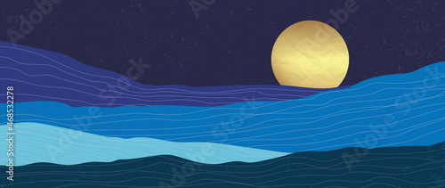 Blue mountains wallpaper landscape design with gold moon
