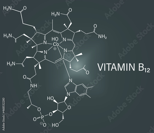 Hydroxocobalamin vitamin B12 molecule. Often given therapeutically in case of B12 deficiency. Skeletal formula.