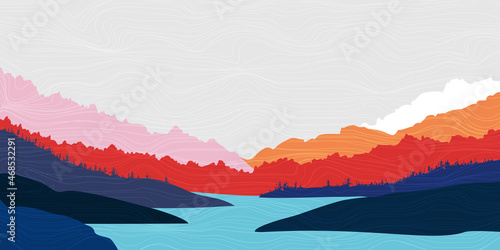 Color mountains near water Chinese style