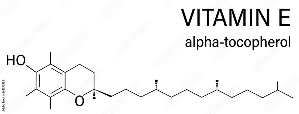 Vitamin E (alpha tocopherol) molecule. Skeletal formula.
Vitamin E (alpha tocopherol) molecule. Skeletal formula.