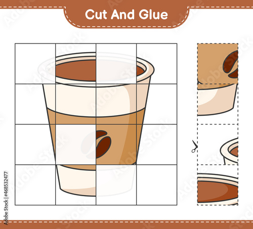 Cut and glue, cut parts of Coffee Cup and glue them. Educational children game, printable worksheet, vector illustration