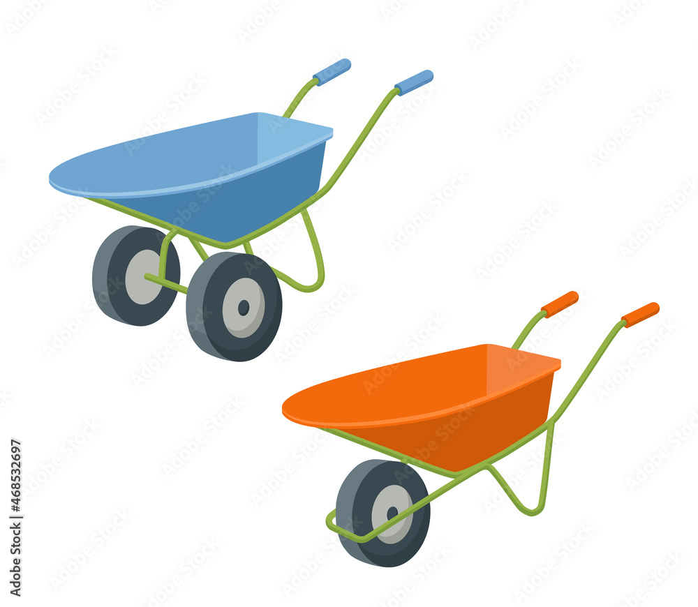 Isometric of garden wheelbarrow vector icon isolated on white background. Wheelbarrow for cement, sand or earth on one and two wheels. Cartoon flat illustration Isometric of garden wheelbarrow vector icon isolated on white background. Wheelbarrow for cement, sand or earth on one and two wheels. Cartoon flat illustration