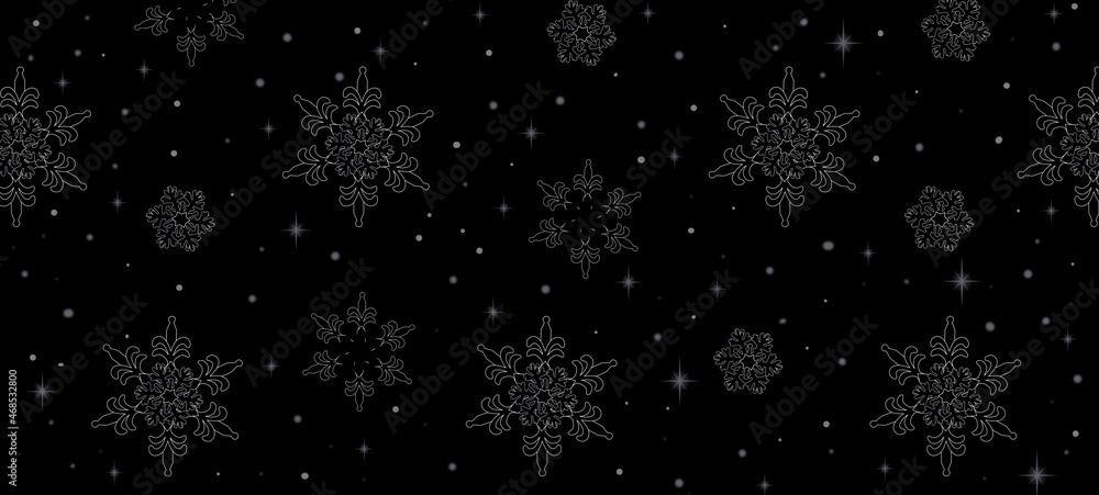 Banner is black with pattern of white snowflakes of various sizes. Christmas illustrations for wrapping paper, wallpaper Banner is black with pattern of white snowflakes of various sizes. Christmas illustrations for wrapping paper, wallpaper