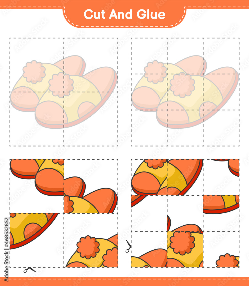Cut and glue, cut parts of Slippers and glue them. Educational children game, printable worksheet, vector illustration