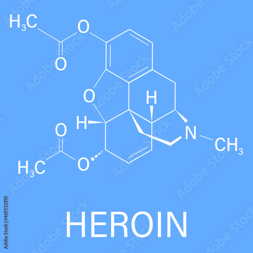 Heroin molecular structure isolated flat vector sign. Heroin (diacetylmorphine, morphine diacetate, diamorphine) opioid drug molecule.