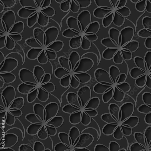 Black floral 3d background. Seamless pattern for decoration. Ornate pattern with flowers. Vector illustration