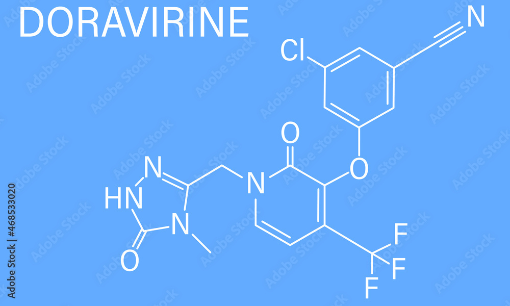 Doravirine HIV drug molecule non-nucleoside reverse transcriptase inhibitor. Skeletal formula. Vector illustration Doravirine HIV drug molecule non-nucleoside reverse transcriptase inhibitor. Skeletal formula. Vector illustration
