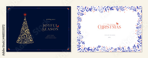Merry and Bright Horizontal Holiday cards. Christmas, Holiday templates with ornate Christmas Tree, floral frame with copy space, birds and greetings.