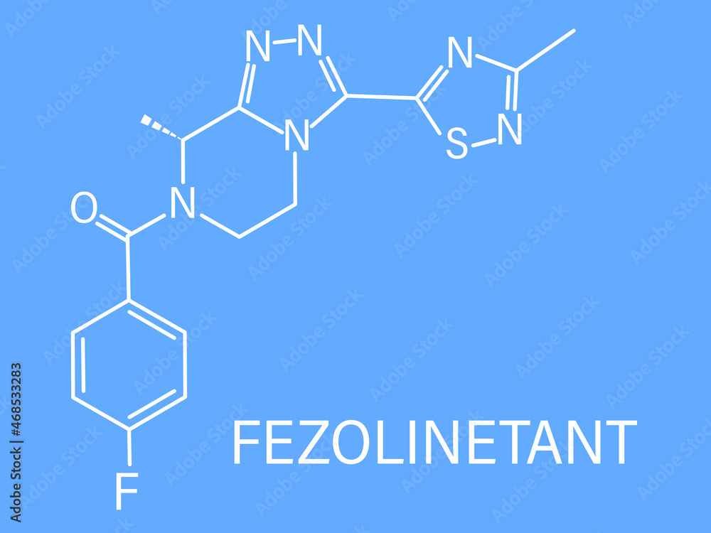 Fototapeta premium Fezolinetant drug molecule (NK3 receptor inhibitor) skeletal formula. 