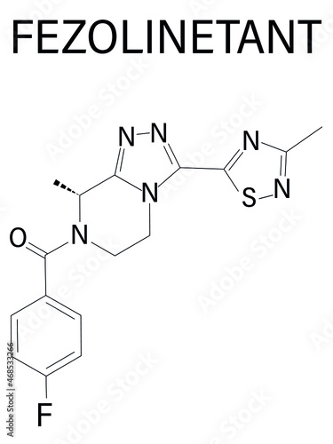 Fezolinetant drug molecule (NK3 receptor inhibitor) skeletal formula.	
