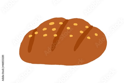 Loaf of brown rye bread. Fresh whole-grain bakery. Cereal food from dough with sesame seeds. Colored flat vector illustration isolated on white background