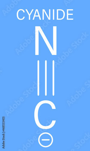 Cyanide anion, chemical structure. Cyanides are toxic, due to inhibition of the enzyme cytochrome c oxidase. Skeletal formula.