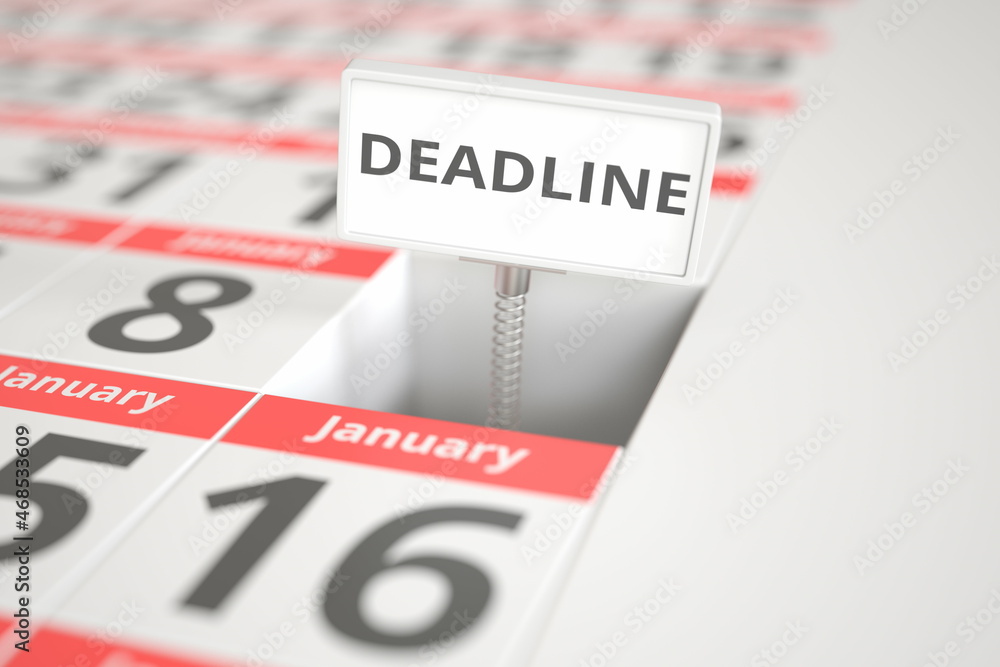 DEADLINE plate on January 9 in calendar, 3d rendering DEADLINE plate on January 9 in calendar, 3d rendering