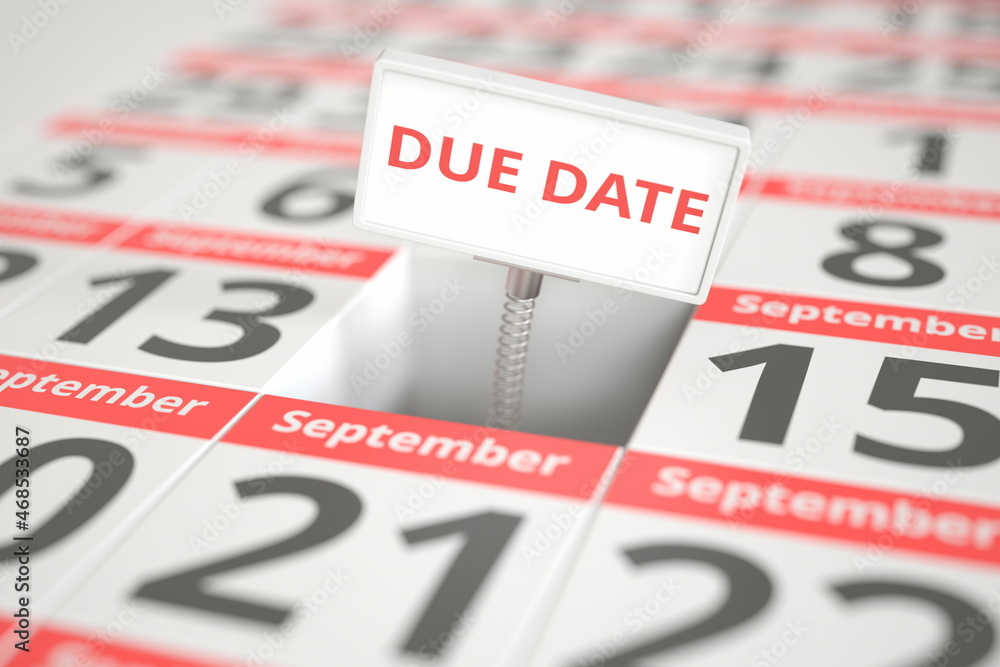 DUE DATE message on September 14 in a calendar, 3d rendering DUE DATE message on September 14 in a calendar, 3d rendering