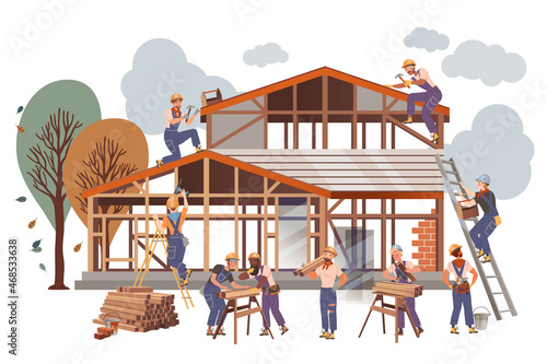 фотографія People Builder Character Building House Engaged in Construction Roofing Works Ve