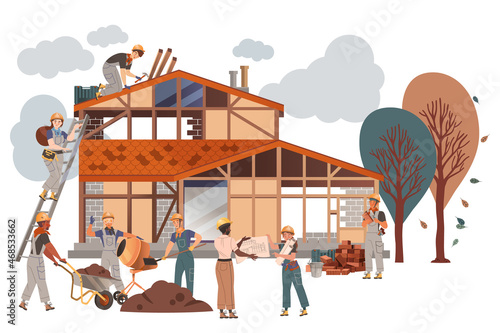 People Builder Character Building House Engaged in Construction Roofing Works Vector Illustration