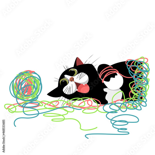 the cat is playing. the kitten is playing with a ball of threads. pet with yarn. vector image