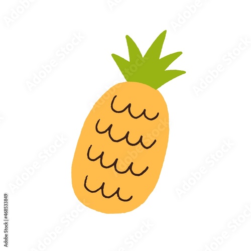 Pineapple with leaf. Sweet tropical fruit drawn in doodle style. Exotic anana...