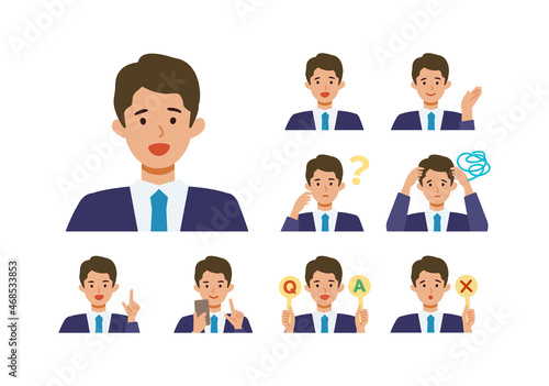 BusinessMan cartoon character head collection set. People face profiles avatars and icons. Close up image of smiling man.