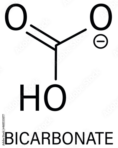 Bicarbonate anion skeletal formula, chemical structure. Common salts include sodium bicarbonate (baking soda) and ammonium bicarbonate.