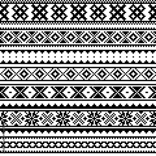 Sami people retro folk art vector seamless pattern, native Lapland cross-stitch geometric design in black and white 