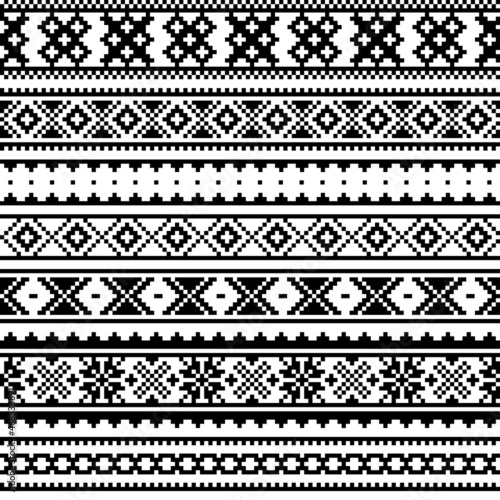 Sami people retro folk art vector seamless pattern, native Lapland cross-stitch geometric design in black and white
