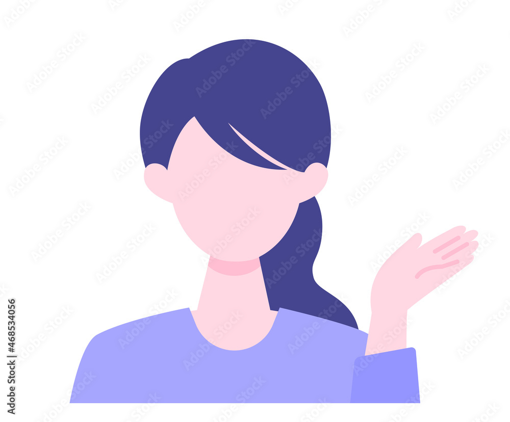 Young Woman cartoon character. People face profiles avatars and icons. Close up image of pointing Woman.