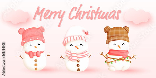 Three cute cartoon snowman character for banner background.they are adorable for christmas card in pink theme or sweet design.they are wearing hats and watercolor style.