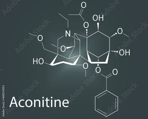 Skeletal formula of Aconitine molecule. Toxin present in Aconitum plants (monkshood).