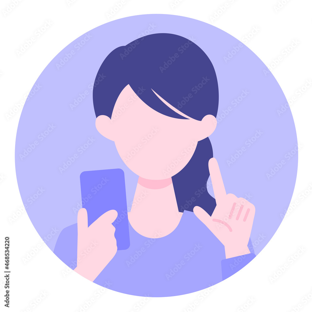 Young Woman cartoon character. People face profiles avatars and icons. Close up image of Woman using smartphone. Young Woman cartoon character. People face profiles avatars and icons. Close up image of Woman using smartphone.