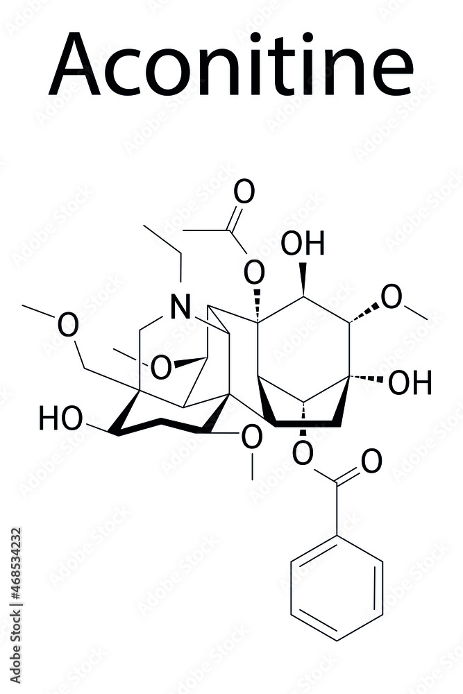 Skeletal formula of Aconitine molecule. Toxin present in Aconitum plants (monkshood). Skeletal formula of Aconitine molecule. Toxin present in Aconitum plants (monkshood).