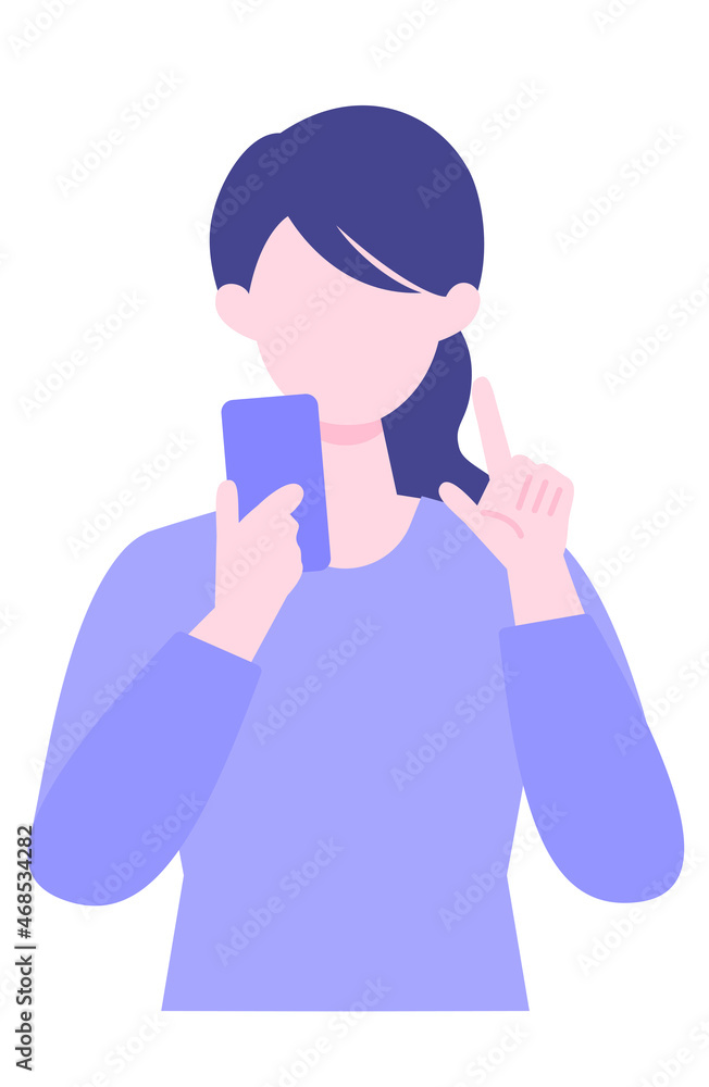 Young Woman cartoon character. People face profiles avatars and icons. Close up image of Woman using smartphone.