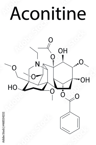 Skeletal formula of Aconitine molecule. Toxin present in Aconitum plants (monkshood).