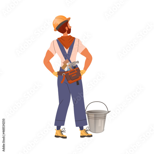 Man Builder Character Standing Near Bucket Looking Up Vector Illustration