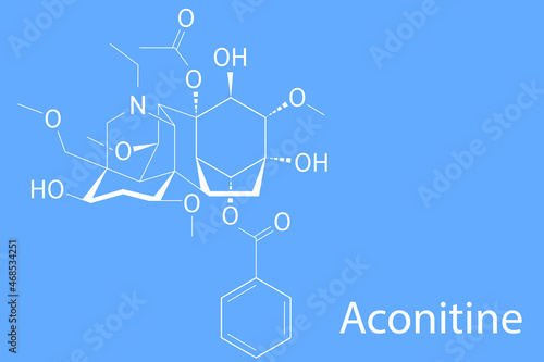 Skeletal formula of Aconitine molecule. Toxin present in Aconitum plants (monkshood).