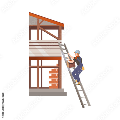 Man Builder Character with Toolbox Climbing Up the Ladder to House Roof Top Vector Illustration