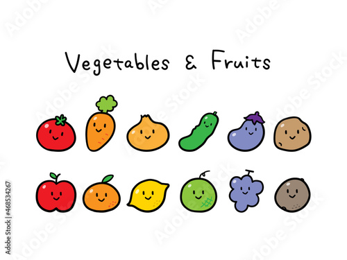 カラフルでかわいい野菜と果物の手書き風イラストアイコンセット