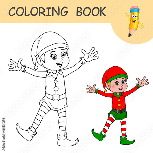 Coloring book with cartoon Elf. Colorless and color samples Santa Claus helper elf on coloring page for kids. New Year and Christmas vector icon. Black contour silhouette with a sample for coloring.