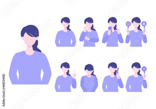 Young Woman cartoon character head collection set. People face profiles avatars and icons. Close up image of smiling Woman.