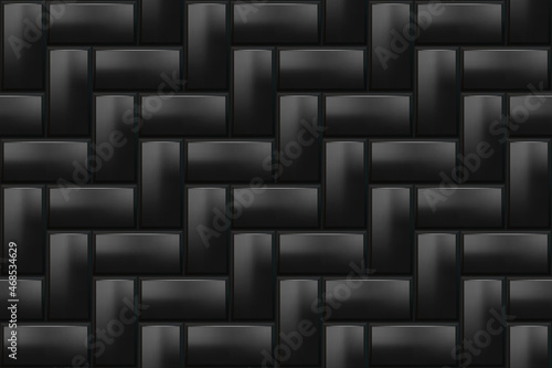 Subway herringbone tile pattern. Black seamless brick background. Vector metro wall or floor texture. Interior glossy mosaic grid with rectangle elements.