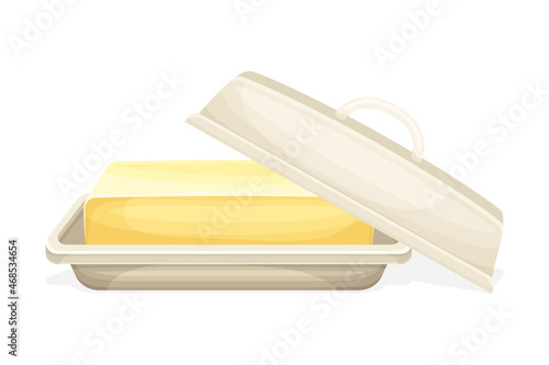 Butter in butter dish. Natural dairy product, margarine or spread vector illustration